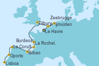 Visitando Le Havre (Francia), Ijmuiden (Ámsterdam), Zeebrugge (Bruselas), Tilbury (Gran Bretaña), La Rochelle (Francia), Burdeos (Francia), Bilbao (España), La Coruña (Galicia/España), Oporto (Portugal), Lisboa (Portugal)