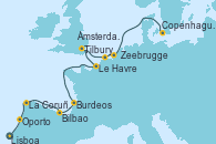 Visitando Lisboa (Portugal), Oporto (Portugal), La Coruña (Galicia/España), Bilbao (España), Burdeos (Francia), Le Havre (Francia), Tilbury (Gran Bretaña), Zeebrugge (Bruselas), Ámsterdam (Holanda), Copenhague (Dinamarca)