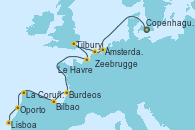 Visitando Copenhague (Dinamarca), Ámsterdam (Holanda), Zeebrugge (Bruselas), Tilbury (Gran Bretaña), Le Havre (Francia), Burdeos (Francia), Bilbao (España), La Coruña (Galicia/España), Oporto (Portugal), Lisboa (Portugal)