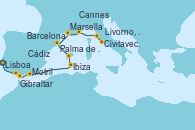 Visitando Lisboa (Portugal), Cádiz (España), Gibraltar (Inglaterra), Motril (Granada/Andalucía), Ibiza (España), Palma de Mallorca (España), Barcelona, Marsella (Francia), Cannes (Francia), Livorno, Pisa y Florencia (Italia), Civitavecchia (Roma)