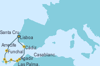 Visitando Lisboa (Portugal), Funchal (Madeira), Santa Cruz de Tenerife (España), Las Palmas de Gran Canaria (España), Arrecife (Lanzarote/España), Agadir (Marruecos), Casablanca (Marruecos), Cádiz (España), Lisboa (Portugal)