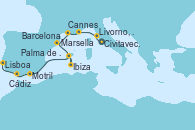 Visitando Civitavecchia (Roma), Livorno, Pisa y Florencia (Italia), Cannes (Francia), Marsella (Francia), Barcelona, Ibiza (España), Palma de Mallorca (España), Motril (Granada/Andalucía), Cádiz (España), Lisboa (Portugal)