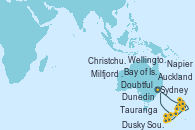 Visitando Sydney (Australia), Bay of Islands (Nueva Zelanda), Auckland (Nueva Zelanda), Tauranga (Nueva Zelanda), Napier (Nueva Zelanda), Wellington (Nueva Zelanda), Christchurch (Nueva Zelanda), Dunedin (Nueva Zelanda), Dusky Sound (Nueva Zelanda), Doubtful Sound (Nueva Zelanda), Milfjord Sound (Nueva Zelanda), Sydney (Australia)