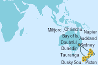 Visitando Sydney (Australia), Bay of Islands (Nueva Zelanda), Auckland (Nueva Zelanda), Tauranga (Nueva Zelanda), Napier (Nueva Zelanda), Picton (Australia), Christchurch (Nueva Zelanda), Dunedin (Nueva Zelanda), Dusky Sound (Nueva Zelanda), Doubtful Sound (Nueva Zelanda), Milfjord Sound (Nueva Zelanda), Sydney (Australia)