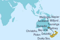 Visitando Sydney (Australia), Milfjord Sound (Nueva Zelanda), Doubtful Sound (Nueva Zelanda), Dusky Sound (Nueva Zelanda), Dunedin (Nueva Zelanda), Christchurch (Nueva Zelanda), Picton (Australia), Wellington (Nueva Zelanda), Napier (Nueva Zelanda), Tauranga (Nueva Zelanda), Bay of Islands (Nueva Zelanda), Auckland (Nueva Zelanda)