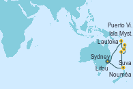 Visitando Sydney (Australia), Nouméa (Nueva Caledonia), Suva (Fiyi), Lautoka (Fiyi), Isla Mystery (Vanuatu), Lifou (Isla Loyalty/Nueva Caledonia), Puerto Vila (Vanuatu), Sydney (Australia)