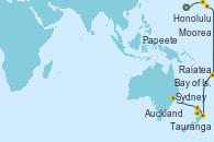 Visitando Honolulu (Hawai), Moorea (Tahití), Moorea (Tahití), Papeete (Tahití), Raiatea (Polinesia Francesa), Tauranga (Nueva Zelanda), Auckland (Nueva Zelanda), Bay of Islands (Nueva Zelanda), Sydney (Australia)