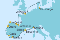 Visitando Savona (Italia), Barcelona, Málaga, Cádiz (España), Oporto (Portugal), La Coruña (Galicia/España), Santander (España), Bilbao (España), Le Havre (Francia), Hamburgo (Alemania)