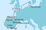 Visitando Barcelona, Málaga, Cádiz (España), Oporto (Portugal), La Coruña (Galicia/España), Santander (España), Bilbao (España), Le Havre (Francia), Hamburgo (Alemania)