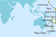 Visitando Sydney (Australia), Lifou (Isla Loyalty/Nueva Caledonia), Isla Mystery (Vanuatu), Lautoka (Fiyi), Suva (Fiyi), Apia (Samoa), Pago Pago (Samoa), Kailua Kona (Hawai/EEUU), Honolulu (Hawai)