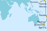 Visitando Sydney (Australia), Bay of Islands (Nueva Zelanda), Auckland (Nueva Zelanda), Raiatea (Polinesia Francesa), Papeete (Tahití), Moorea (Tahití), Honolulu (Hawai), Honolulu (Hawai)