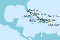 Visitando Fort Lauderdale (Florida/EEUU), Amber Cove (República Dominicana), San Juan (Puerto Rico), Saint Thomas (Islas Vírgenes), Isla Pequeña (San Salvador/Bahamas), Fort Lauderdale (Florida/EEUU), Nassau (Bahamas), Amber Cove (República Dominicana), Grand Turks(Turks & Caicos), Isla Pequeña (San Salvador/Bahamas), Fort Lauderdale (Florida/EEUU)