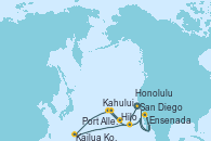 Visitando San Diego (California/EEUU), Hilo (Hawai), Kahului (Hawai/EEUU), Honolulu (Hawai), Port Allen, Kauai, Hawaiian, Kailua Kona (Hawai/EEUU), Ensenada (México), San Diego (California/EEUU)