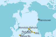 Visitando Vancouver (Canadá), Hilo (Hawai), Kahului (Hawai/EEUU), Honolulu (Hawai), Honolulu (Hawai), Kailua Kona (Hawai/EEUU), Port Allen, Kauai, Hawaiian, Vancouver (Canadá)
