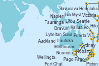 Visitando Auckland (Nueva Zelanda), Tauranga (Nueva Zelanda), Napier (Nueva Zelanda), Wellington (Nueva Zelanda), Picton (Australia), Lyttelton (Nueva Zelanda), Port Chalmers (Nueva Zelanda), Hobart (Australia), Melbourne (Australia), Sydney (Australia), Nouméa (Nueva Caledonia), Lifou (Isla Loyalty/Nueva Caledonia), Isla Mystery (Vanuatu), Puerto Vila (Vanuatu), Lautoka (Fiyi), Suva (Fiyi), Dravuni (Fiji), Savusavu (Islas Fidji), Pago Pago (Samoa), Kailua Kona (Hawai/EEUU), Hilo (Hawai), Honolulu (Hawai), Honolulu (Hawai), Victoria (Canadá), Seattle (Washington/EEUU)
