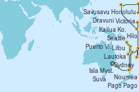 Visitando Sydney (Australia), Nouméa (Nueva Caledonia), Lifou (Isla Loyalty/Nueva Caledonia), Isla Mystery (Vanuatu), Puerto Vila (Vanuatu), Lautoka (Fiyi), Suva (Fiyi), Dravuni (Fiji), Savusavu (Islas Fidji), Pago Pago (Samoa), Kailua Kona (Hawai/EEUU), Hilo (Hawai), Honolulu (Hawai), Honolulu (Hawai), Victoria (Canadá), Seattle (Washington/EEUU)