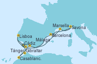 Visitando Cádiz (España), Tánger (Marruecos), Casablanca (Marruecos), Gibraltar (Inglaterra), Málaga, Marsella (Francia), Savona (Italia), Barcelona, Gibraltar (Inglaterra), Lisboa (Portugal), Lisboa (Portugal), Cádiz (España)