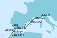 Visitando Málaga, Marsella (Francia), Savona (Italia), Barcelona, Cádiz (España), Tánger (Marruecos), Casablanca (Marruecos), Gibraltar (Inglaterra), Málaga