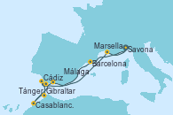 Visitando Savona (Italia), Barcelona, Cádiz (España), Tánger (Marruecos), Casablanca (Marruecos), Gibraltar (Inglaterra), Málaga, Marsella (Francia), Savona (Italia)