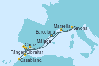 Visitando Barcelona, Cádiz (España), Tánger (Marruecos), Casablanca (Marruecos), Gibraltar (Inglaterra), Málaga, Marsella (Francia), Savona (Italia), Barcelona