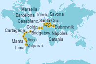 Visitando Trieste (Italia), Dubrovnik (Croacia), Catania (Sicilia), Nápoles (Italia), Savona (Italia), Marsella (Francia), Barcelona, Casablanca (Marruecos), Santa Cruz de Tenerife (España), Bridgetown (Barbados), Cartagena de Indias (Colombia), Colón, Manta (Ecuador), Manta (Ecuador), Lima (Callao/Perú), Arica (Chile), Valparaíso (Chile)