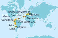 Visitando Savona (Italia), Marsella (Francia), Barcelona, Casablanca (Marruecos), Santa Cruz de Tenerife (España), Bridgetown (Barbados), Cartagena de Indias (Colombia), Colón, Manta (Ecuador), Manta (Ecuador), Lima (Callao/Perú), Arica (Chile), Valparaíso (Chile)