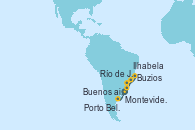 Visitando Montevideo (Uruguay), Porto Belo (Brasil), Ilhabela (Brasil), Buzios (Brasil), Río de Janeiro (Brasil), Buenos aires, Montevideo (Uruguay)