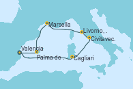 Visitando Valencia, Cagliari (Cerdeña), Civitavecchia (Roma), Livorno, Pisa y Florencia (Italia), Marsella (Francia), Palma de Mallorca (España), Valencia