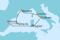 Visitando Cagliari (Cerdeña), Civitavecchia (Roma), Livorno, Pisa y Florencia (Italia), Marsella (Francia), Palma de Mallorca (España), Valencia, Cagliari (Cerdeña)