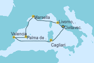 Visitando Civitavecchia (Roma), Livorno, Pisa y Florencia (Italia), Marsella (Francia), Palma de Mallorca (España), Valencia, Cagliari (Cerdeña), Civitavecchia (Roma)