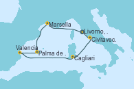 Visitando Livorno, Pisa y Florencia (Italia), Marsella (Francia), Palma de Mallorca (España), Valencia, Cagliari (Cerdeña), Civitavecchia (Roma), Livorno, Pisa y Florencia (Italia)