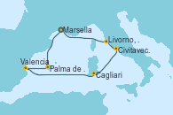 Visitando Marsella (Francia), Palma de Mallorca (España), Valencia, Cagliari (Cerdeña), Civitavecchia (Roma), Livorno, Pisa y Florencia (Italia), Marsella (Francia)