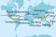 Visitando Civitavecchia (Roma), Génova (Italia), Marsella (Francia), Barcelona, Funchal (Madeira), Bridgetown (Barbados), Saint George (Grenada), Kralendijk (Antillas), Curacao (Antillas), Cartagena de Indias (Colombia), Puerto Limón (Costa Rica), Canal Panamá, Canal Panamá, Puntarenas (Costa Rica), Corinto (Nicaragua), Puerto Quetzal (Guatemala), Puerto Vallarta (México), Cabo San Lucas (México), San Diego (California/EEUU), San Francisco (California/EEUU), San Francisco (California/EEUU), Honolulu (Hawai), Honolulu (Hawai), Apia (Samoa), Suva (Fiyi), Auckland (Nueva Zelanda), Auckland (Nueva Zelanda), Wellington (Nueva Zelanda), Sydney (Australia), Sydney (Australia), Townsville, Cairns (Australia), Manila (Filipinas), Manila (Filipinas), Keelung (Taiwán), Ishigaki (Japón), Naha (Japón), Tokio (Japón), Tokio (Japón), Nagasaki (Japón), Busán (Corea del Sur), Shanghái (China), Hong Kong (China), Shenzhen (China), Da Nang (Vietnam), Nha Trang (Vietnam), Singapur, Port Klang (Malasia), Penang (Malasia), Colombo (Sri Lanka), Dubai, Dubai, Jasab (Omán), Muscat (Omán), Aqaba (Jordania), Canal Suez, Canal Suez, Heraklion (Creta), Civitavecchia (Roma)