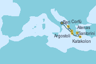 Visitando Bari (Italia), Santorini (Grecia), Atenas (Grecia), Katakolon (Olimpia/Grecia), Corfú (Grecia), Argostoli (Grecia), Bari (Italia)