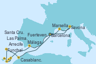 Visitando Barcelona, Marsella (Francia), Savona (Italia), Málaga, Arrecife (Lanzarote/España), Fuerteventura (Canarias/España), Las Palmas de Gran Canaria (España), Santa Cruz de Tenerife (España), Funchal (Madeira), Casablanca (Marruecos), Barcelona