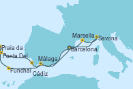 Visitando Barcelona, Marsella (Francia), Savona (Italia), Málaga, Funchal (Madeira), Praia da Vittoria (Azores), Ponta Delgada (Azores), Cádiz (España), Barcelona