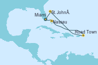 Visitando Miami (Florida/EEUU), Nassau (Bahamas), Road Town (Isla Tórtola/Islas Vírgenes), St. John´s (Antigua y Barbuda), Miami (Florida/EEUU)