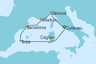 Visitando Civitavecchia (Roma), Génova (Italia), Villefranche (Niza/Mónaco/Francia), Barcelona, Ibiza (España), Cagliari (Cerdeña), Civitavecchia (Roma)