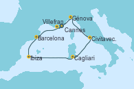 Visitando Cannes (Francia), Barcelona, Ibiza (España), Cagliari (Cerdeña), Civitavecchia (Roma), Génova (Italia), Villefranche (Niza/Mónaco/Francia)