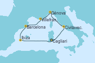 Visitando Cagliari (Cerdeña), Civitavecchia (Roma), Génova (Italia), Villefranche (Niza/Mónaco/Francia), Barcelona, Ibiza (España), Cagliari (Cerdeña)