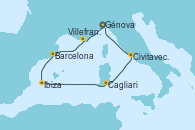 Visitando Génova (Italia), Villefranche (Niza/Mónaco/Francia), Barcelona, Ibiza (España), Cagliari (Cerdeña), Civitavecchia (Roma), Génova (Italia)