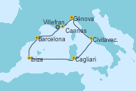 Visitando Villefranche (Niza/Mónaco/Francia), Barcelona, Ibiza (España), Cagliari (Cerdeña), Civitavecchia (Roma), Génova (Italia), Cannes (Francia)