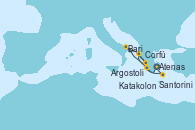 Visitando Atenas (Grecia), Katakolon (Olimpia/Grecia), Corfú (Grecia), Argostoli (Grecia), Bari (Italia), Santorini (Grecia), Atenas (Grecia)