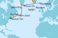 Visitando Nueva York (Estados Unidos), Halifax (Canadá), San Juan de Terranova (Canadá), Qaqortoq, Greeland, Prince Christian Sound (Groenlandia), Akureyri (Islandia), Ísafjörður (Islandia), Reykjavik (Islandia)