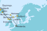 Visitando Ámsterdam (Holanda), Eidfjord (Hardangerfjord/Noruega), Lerwick (Escocia), Heimaey (Islas Westmann/Islandia), Reykjavik (Islandia), Ísafjörður (Islandia), Akureyri (Islandia), Djupivogur (Islandia), Stornoway (Isla de Lewis/Escocia), Invergordon (Escocia), Ámsterdam (Holanda)