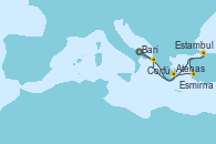 Visitando Bari (Italia), Atenas (Grecia), Esmirna (Turquía), Estambul (Turquía), Corfú (Grecia), Bari (Italia)