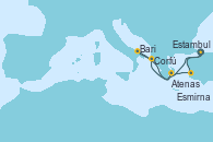 Visitando Estambul (Turquía), Corfú (Grecia), Bari (Italia), Atenas (Grecia), Esmirna (Turquía), Estambul (Turquía)