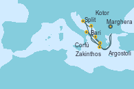Visitando Marghera (Venecia/Italia), Bari (Italia), Corfú (Grecia), Zakinthos (Grecia), Argostoli (Grecia), Kotor (Montenegro), Split (Croacia), Marghera (Venecia/Italia)