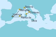 Visitando Valencia, Marsella (Francia), Savona (Italia), Civitavecchia (Roma), Olbia (Cerdeña), Palma de Mallorca (España), Valencia
