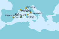 Visitando Palma de Mallorca (España), Valencia, Marsella (Francia), Savona (Italia), Civitavecchia (Roma), Olbia (Cerdeña), Palma de Mallorca (España)